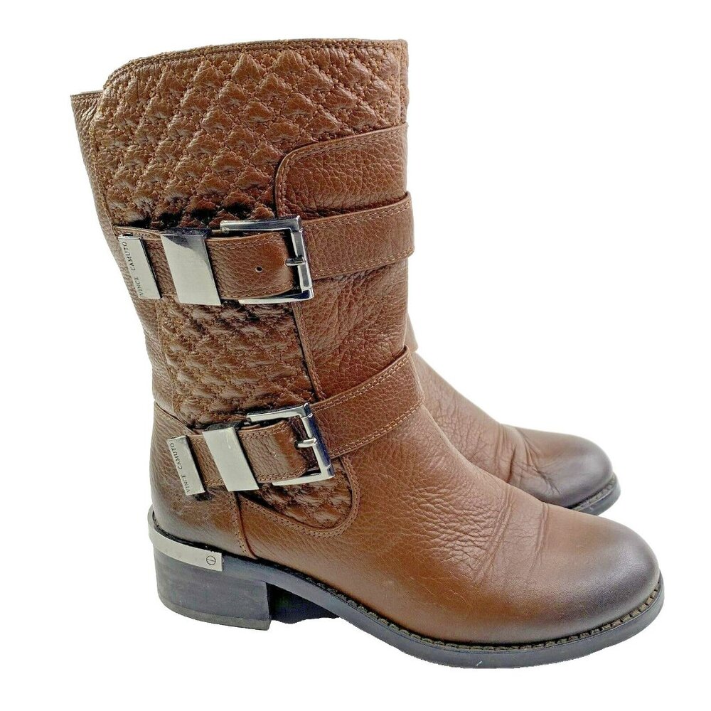 Vince Camuto Boots Size 5.5 Welton Brown Motorcycle Moto Combat Mid Calf Leather